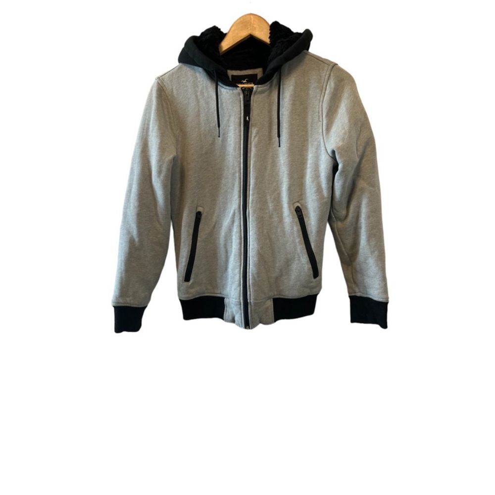 HOLLISTER Grey Black Faux Fur Lined Zip Up Heavy Weight Casual Hoodie XS